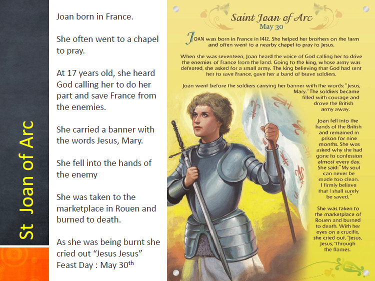 Educational page about Saint Joan of Arc with illustrated artwork showing her in armor holding a sword.
